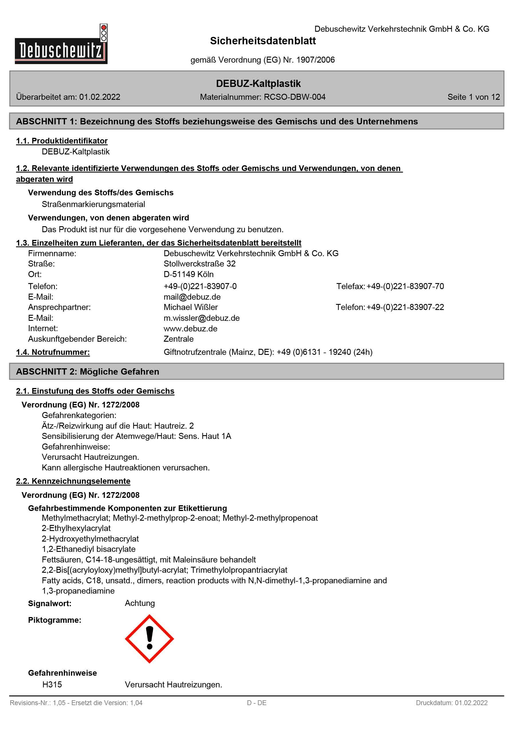 Sicherheitsdatenblatt-DEBUZ-Kaltplastik