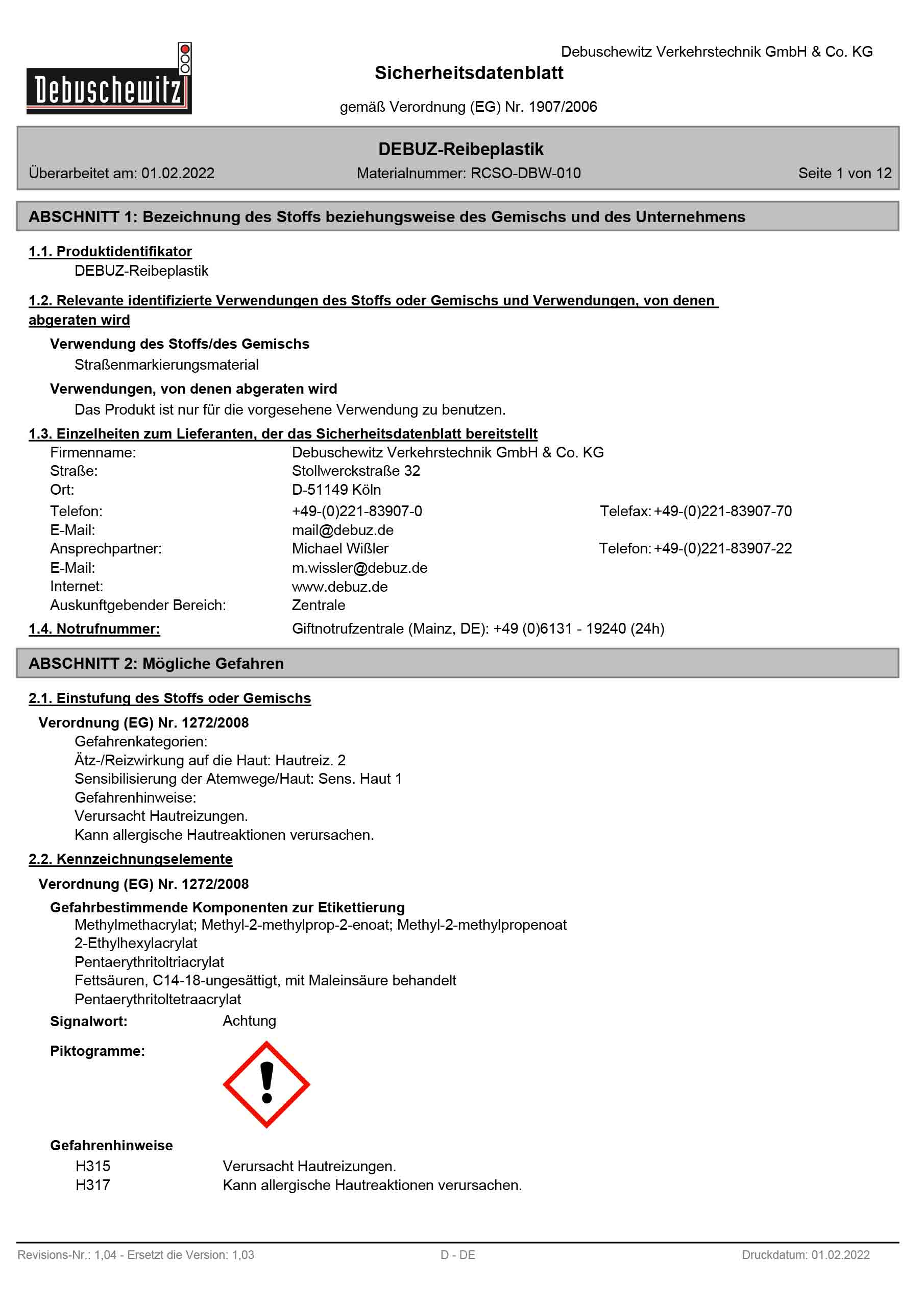 Sicherheitsdatenblatt-DEBUZ-Reibeplastik